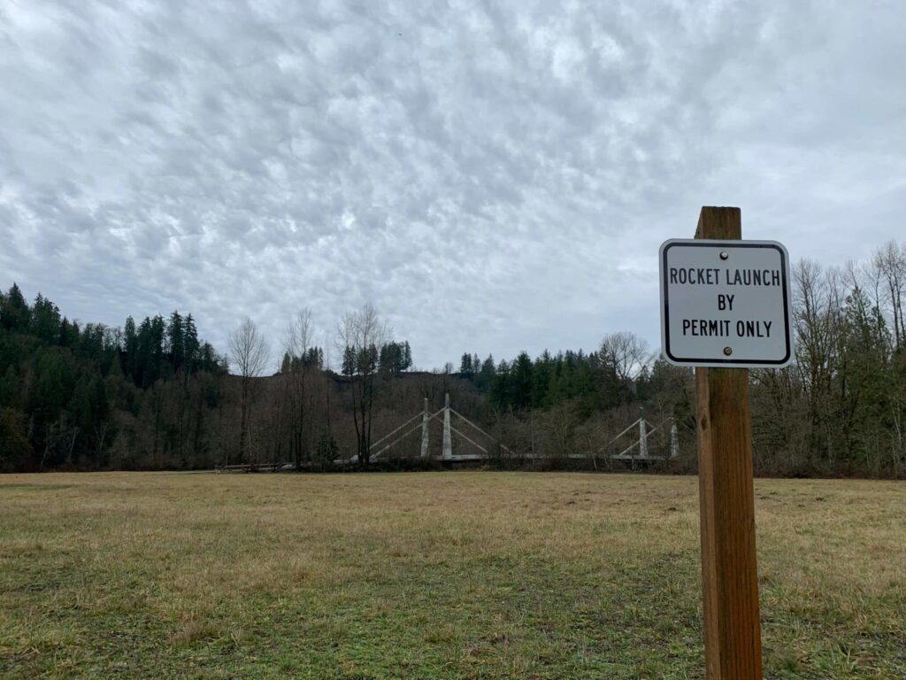 Flaming Geyser State Park rocket launch sign