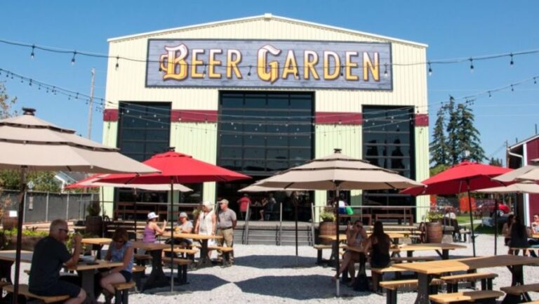 People sitting outside in beer garden