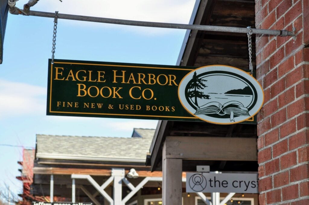 The sign outside Eagle Harbor Book Company, an independent bookstore on Bainbridge Island