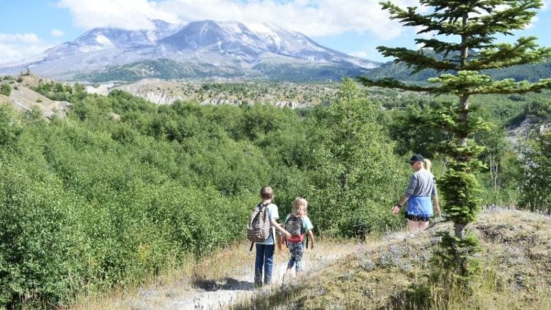 kids hiking on a trail on Mt St. Helens
