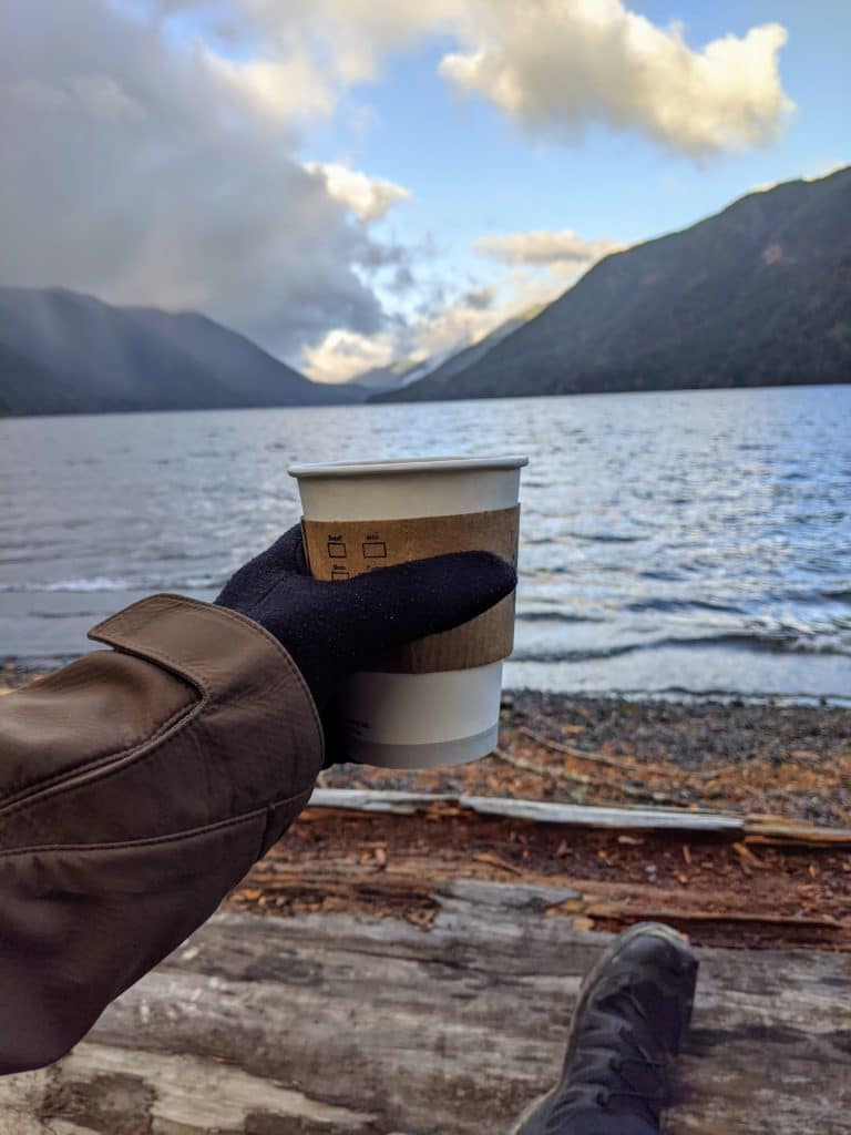 coffee outside lake crescent lodge