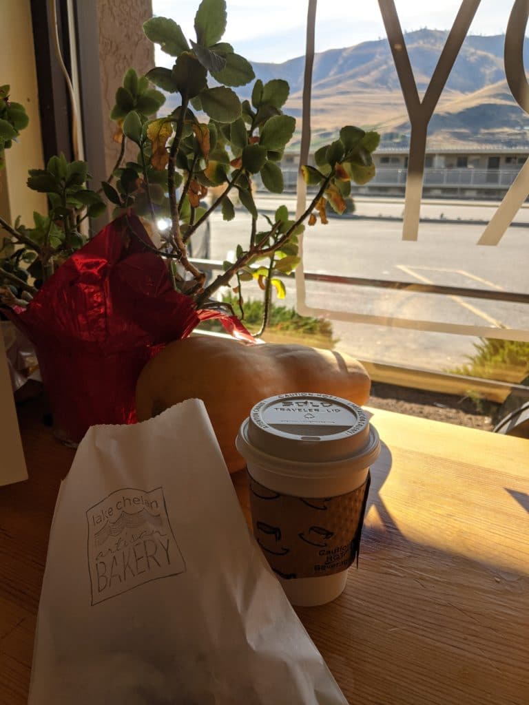 View from Lake Chelan Artisan Bakery with coffee and dessert