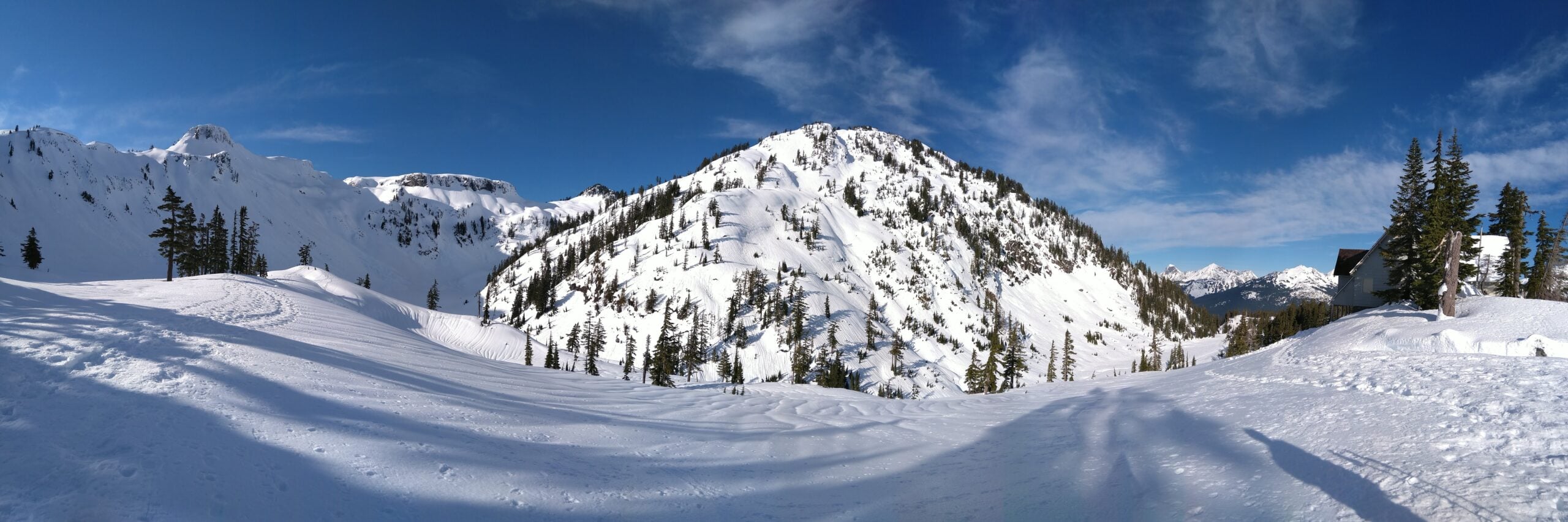 Snow covered Heather Meadows at Mount Baker under a blue winter sky
