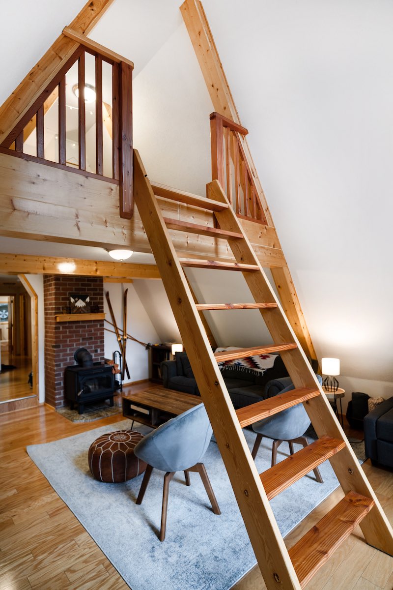 Ladder to loft at Tilted Timbers Cabin