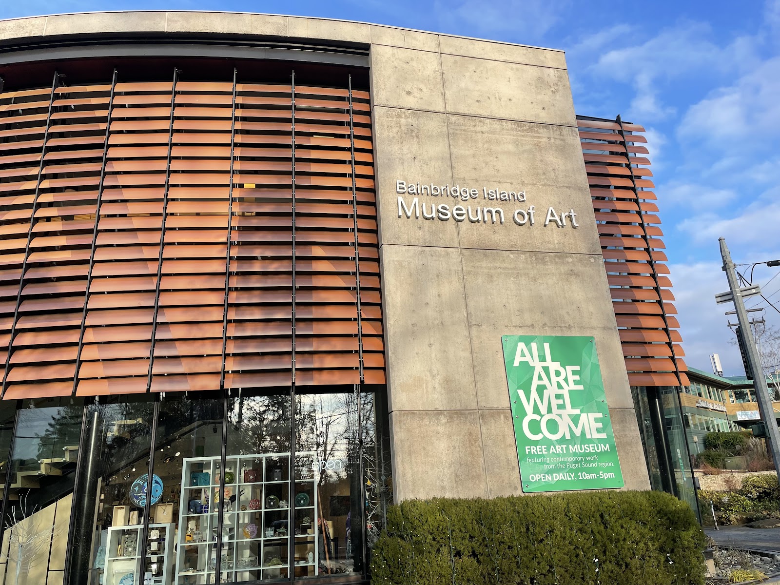Bainbridge Island Museum of Art building on Winslow Way with its name on the facade