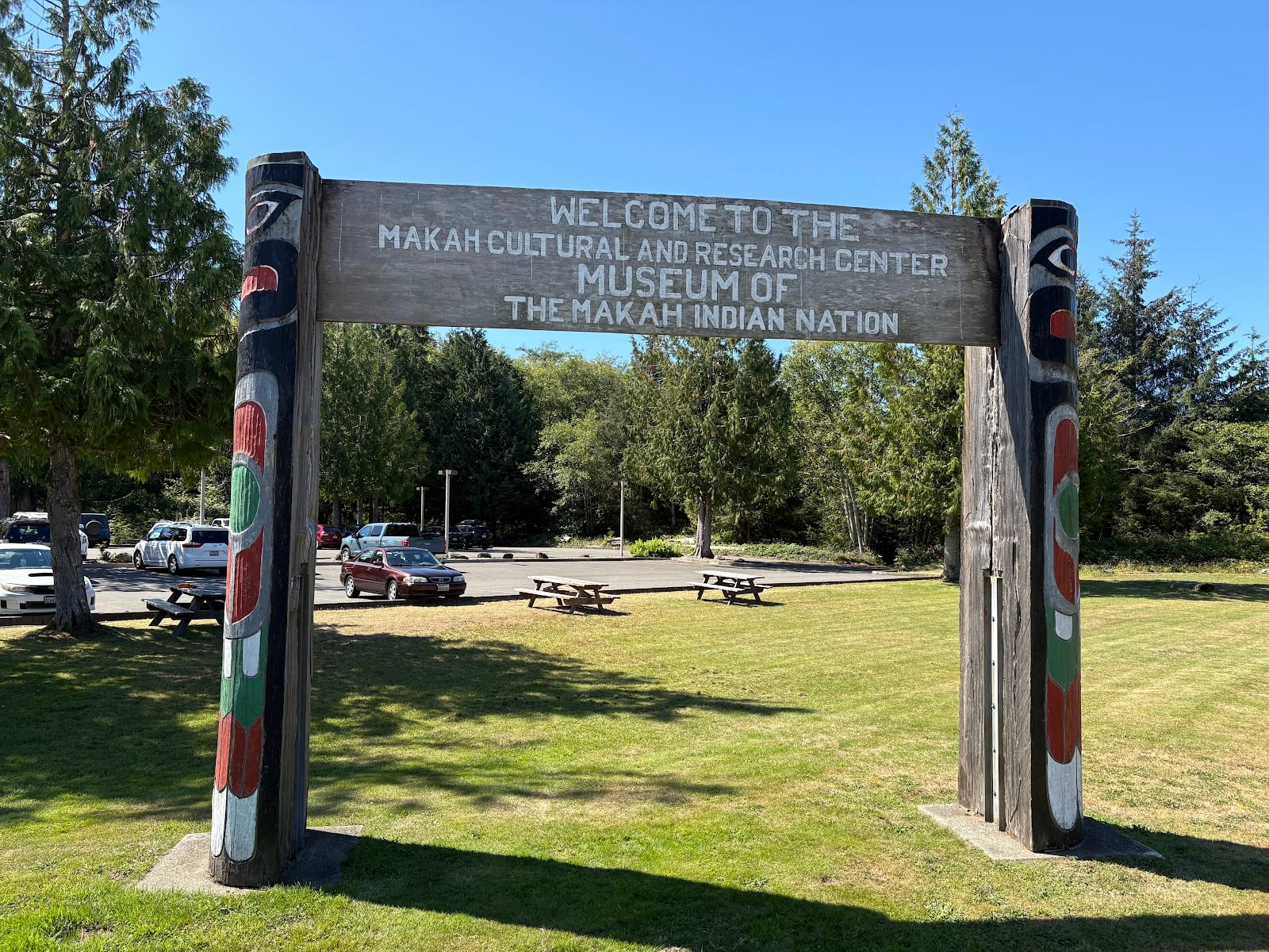 Carved welcome gateway to the Makah Cultural and Research Center in Neah Bay