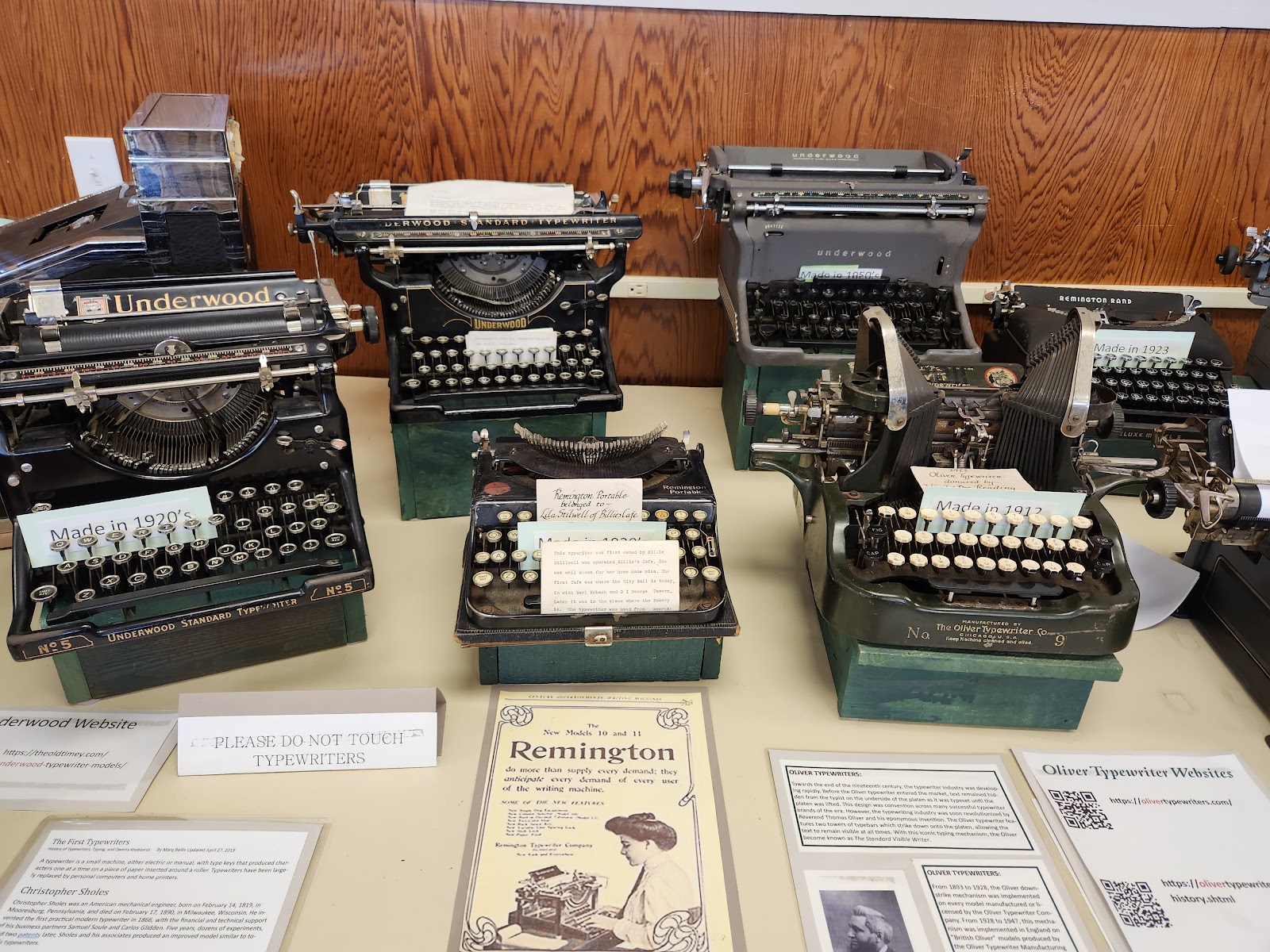 Antique Underwood and Remington typewriters on display at the McCleary Museum