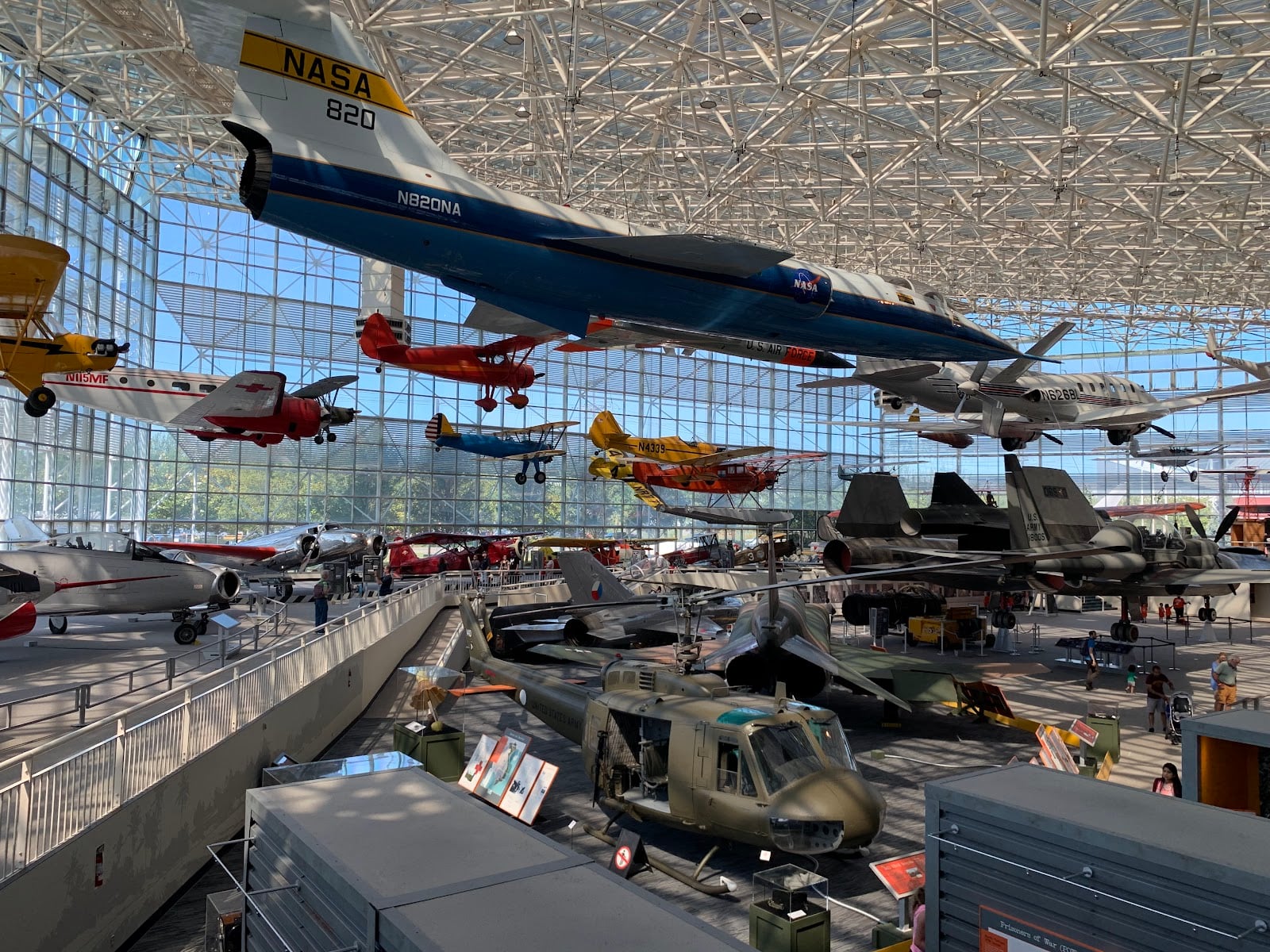 Aircraft hanging in the glass Great Gallery at the Museum of Flight in Seattle