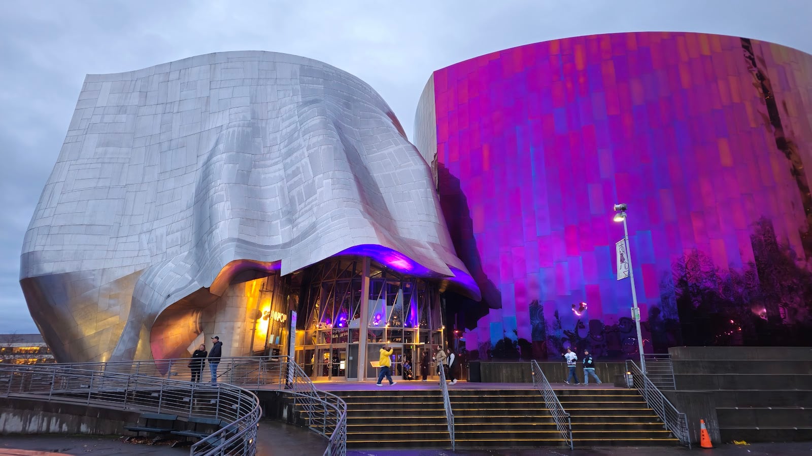 The Museum of Pop Culture's curving metal building at Seattle Center