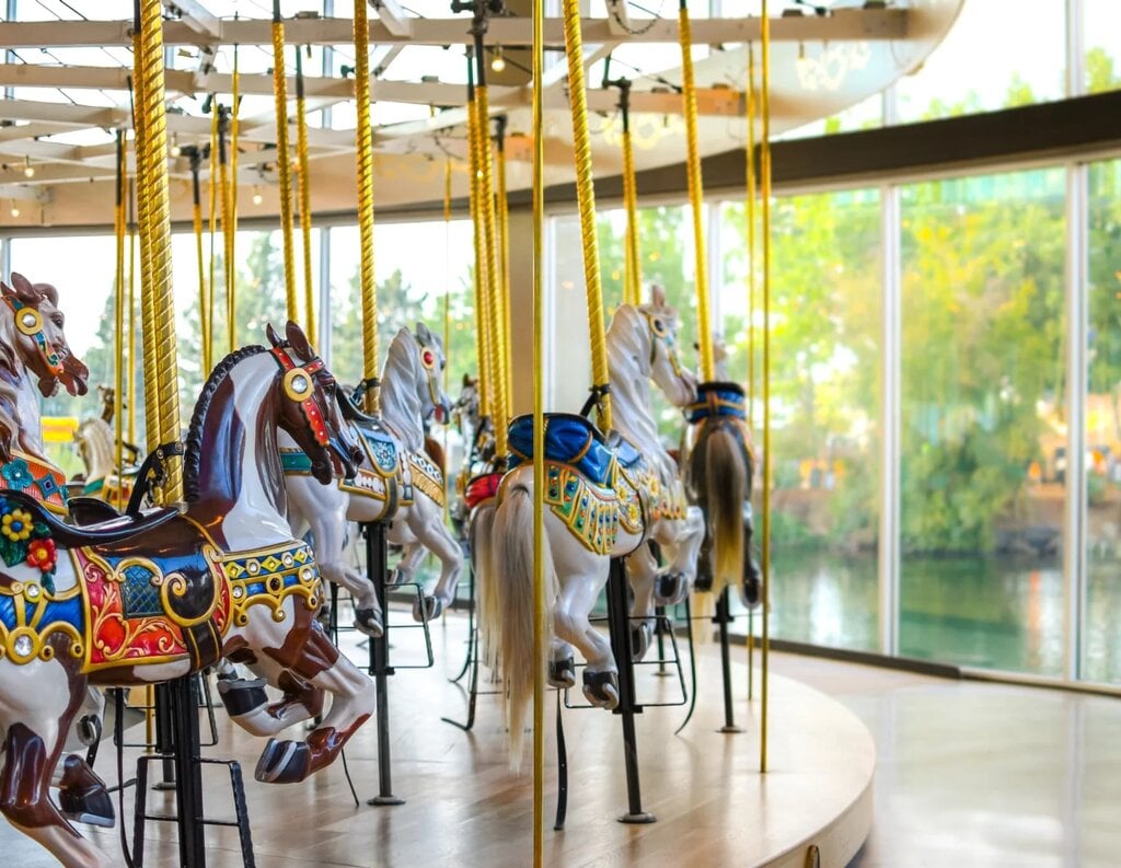 Historic carousel with colorful horses at Riverfront Park, Spokane