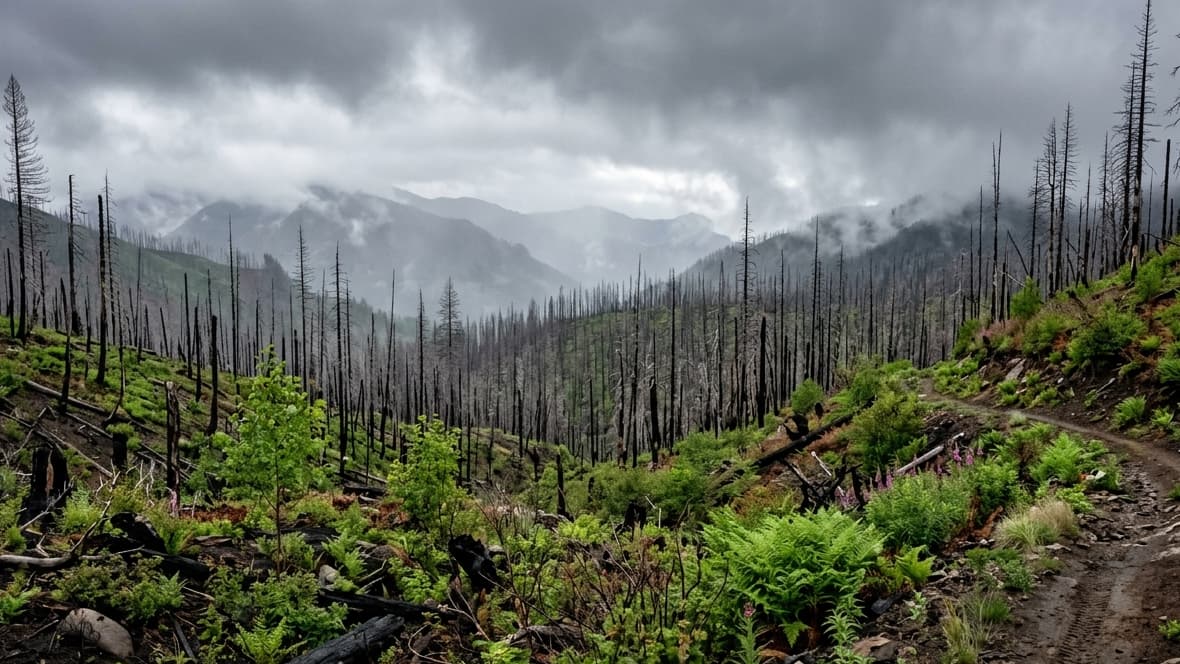 Burned forest with standing dead trees and new green growth in the Washington Cascade Mountains where fire morels fruit after wildfire