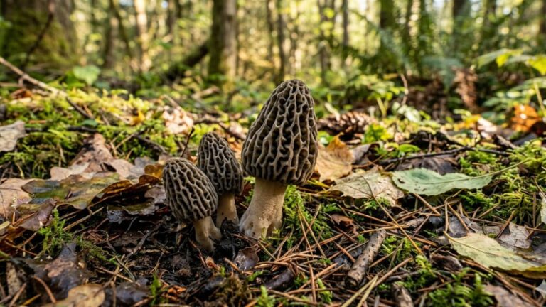 Morel mushrooms growing on the forest floor during morel season in Washington State