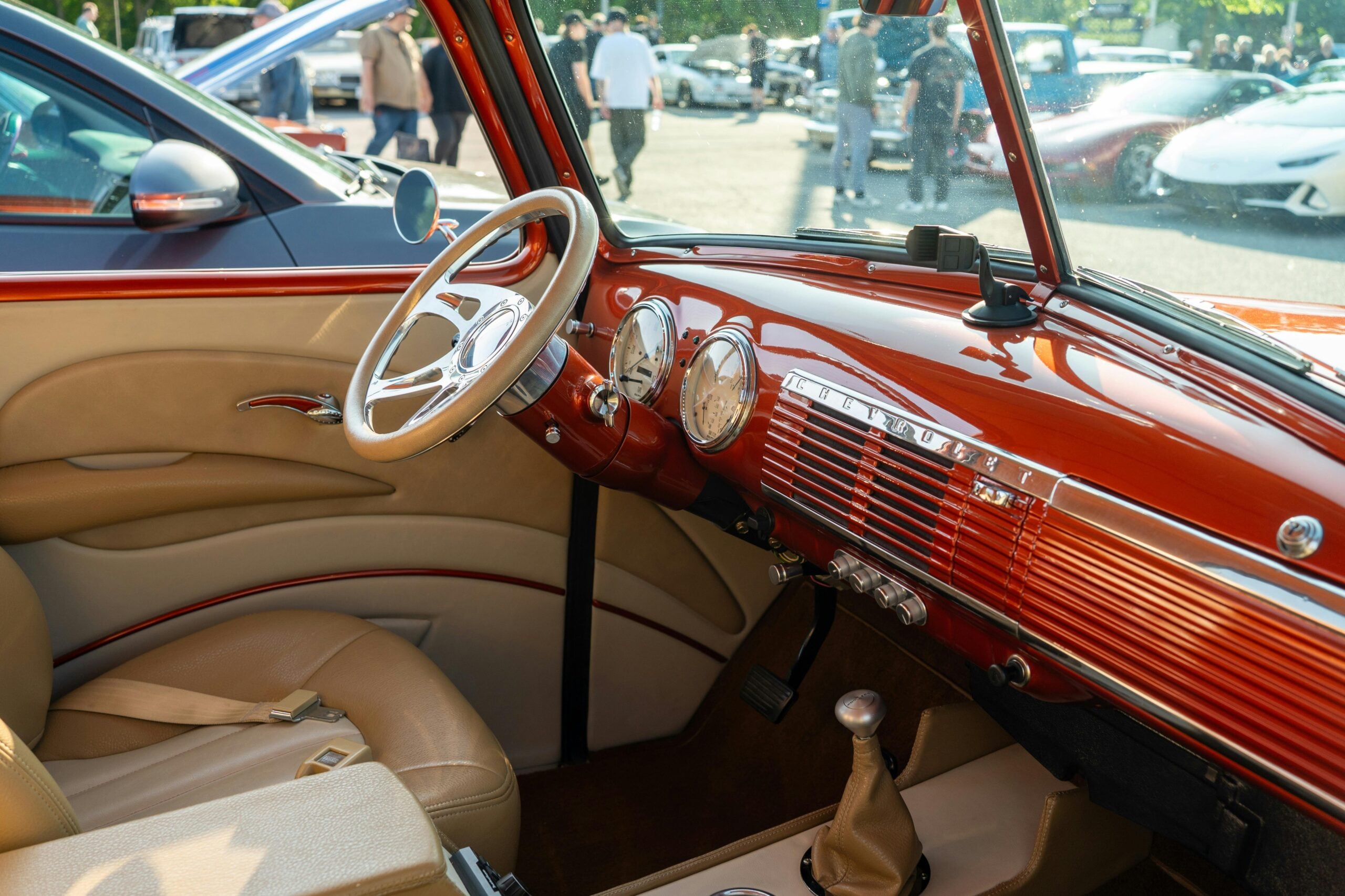 Vintage car interior at outdoor auto show