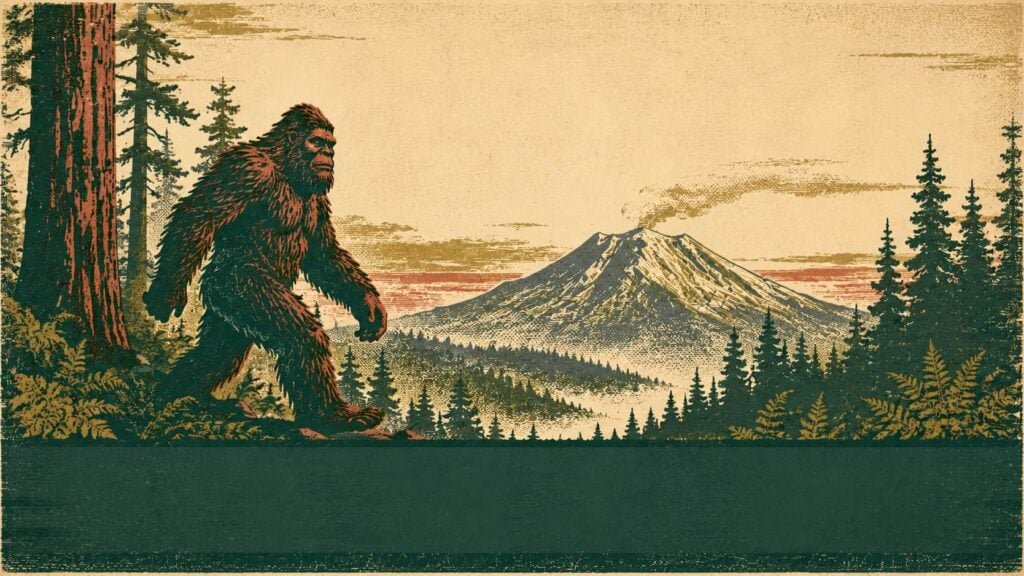 Vintage Hatch style illustration of Bigfoot walking through a Pacific Northwest forest with Mount St. Helens in the distance