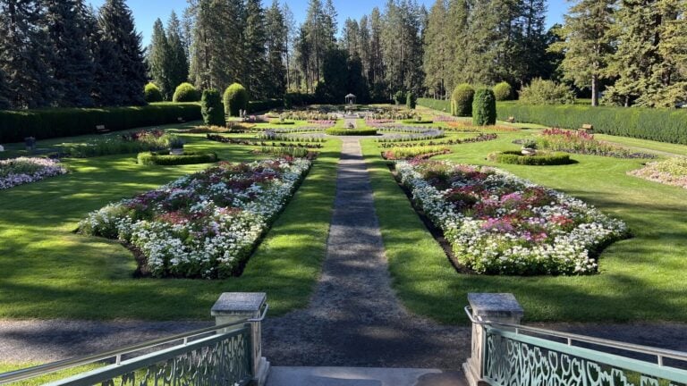 Duncan Garden at Manito Park in Spokane seen from the upper terrace looking down the long axis toward the fountain