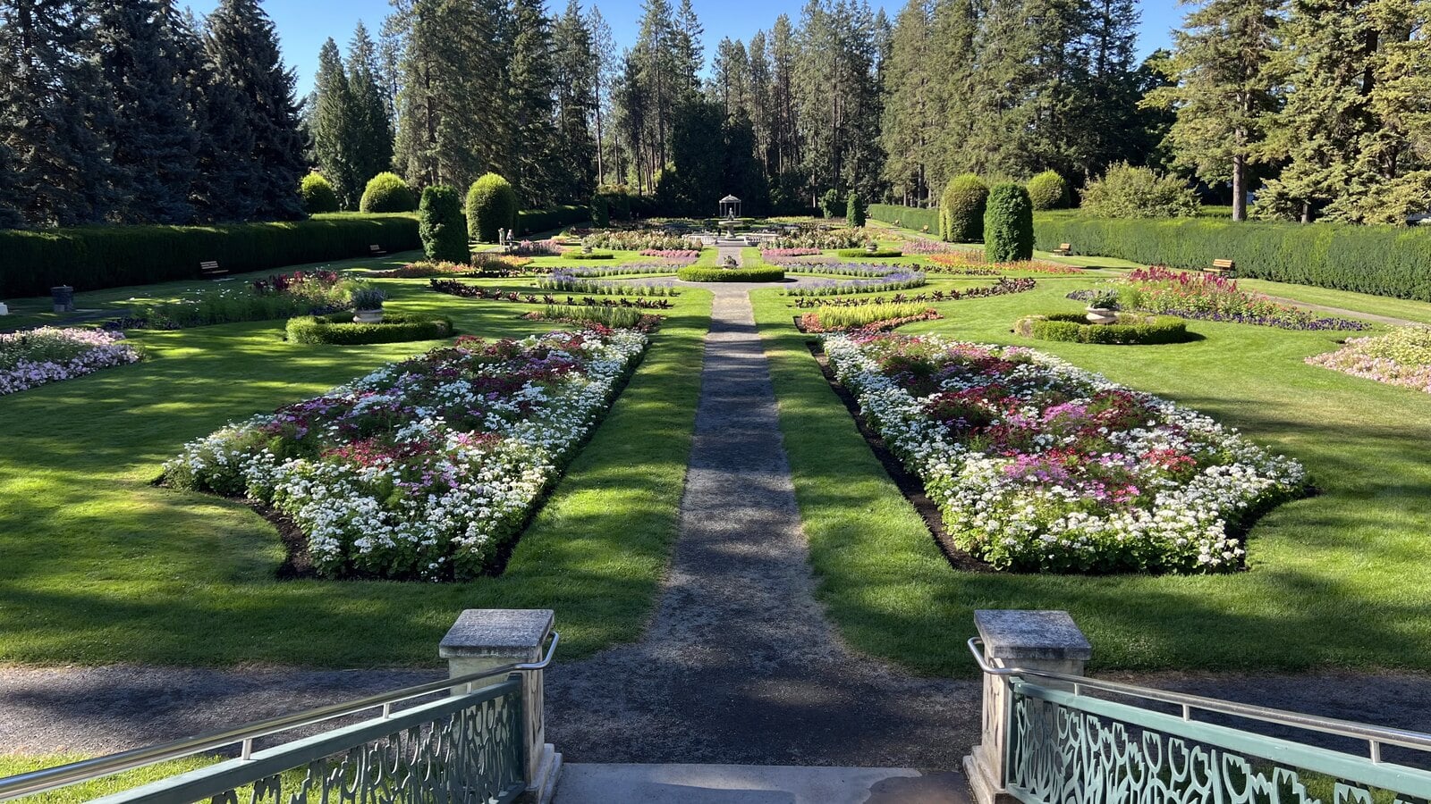 Duncan Garden at Manito Park in Spokane seen from the upper terrace looking down the long axis toward the fountain
