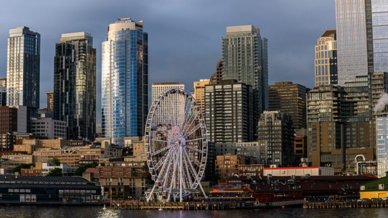 Things to do in Seattle: the Great Wheel and downtown skyline above the Elliott Bay waterfront