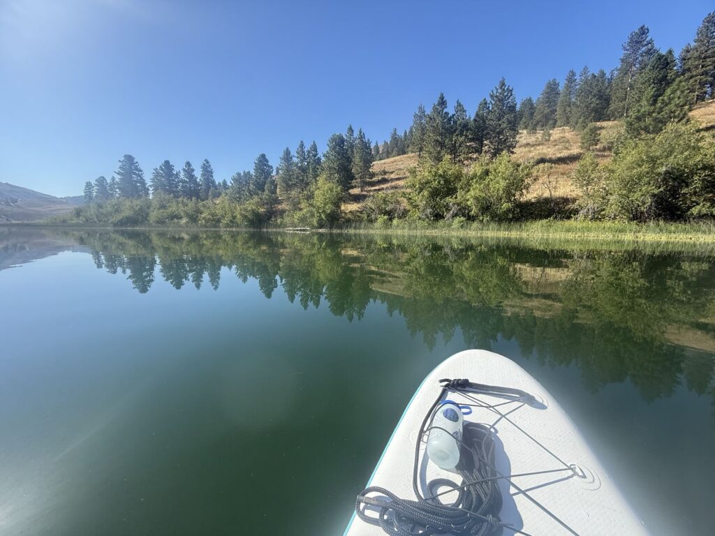The nose of a paddleboard on the glassy green water of Pearrygin Lake, with a pine covered hillside beyond