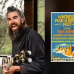 Brian Alley laughing with his banjo, beside the Winthrop Folk N Roots Fest 2026 poster