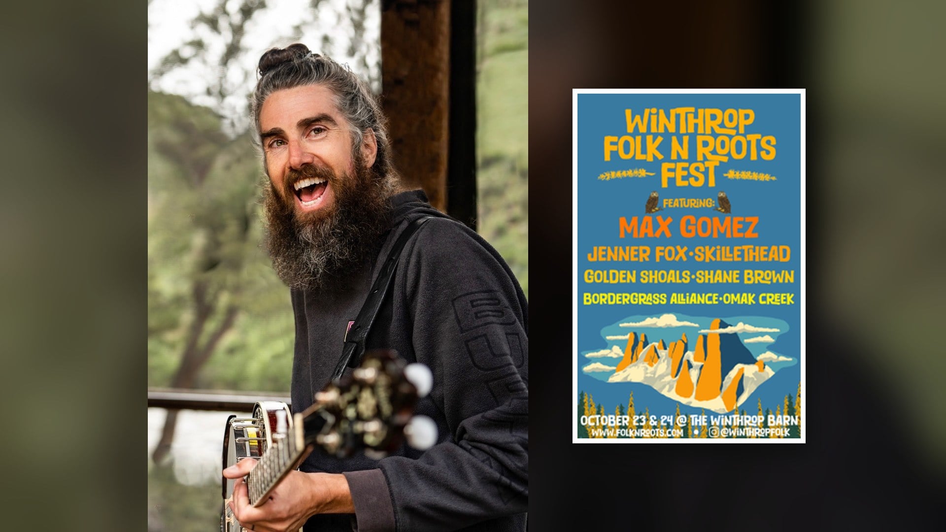 Brian Alley laughing with his banjo, beside the Winthrop Folk N Roots Fest 2026 poster