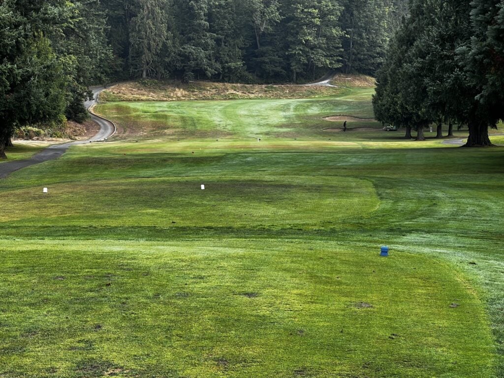 A tee box looking up a sloping fairway at Maplewood Golf Course