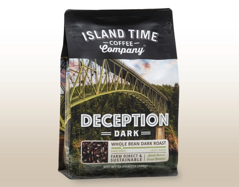 Deception Dark roast from Island Time Coffee Company, with the Deception Pass bridge on the bag