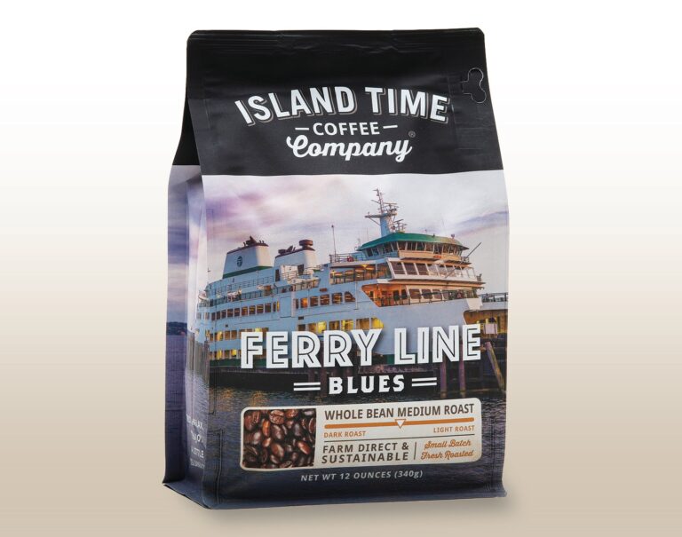 Ferry Line Blues medium roast from Island Time Coffee Company, with a Washington State ferry on the bag