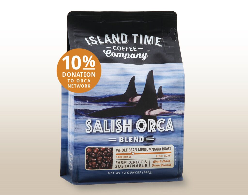 Salish Orca Blend from Island Time Coffee Company, with three L pod orcas on the bag