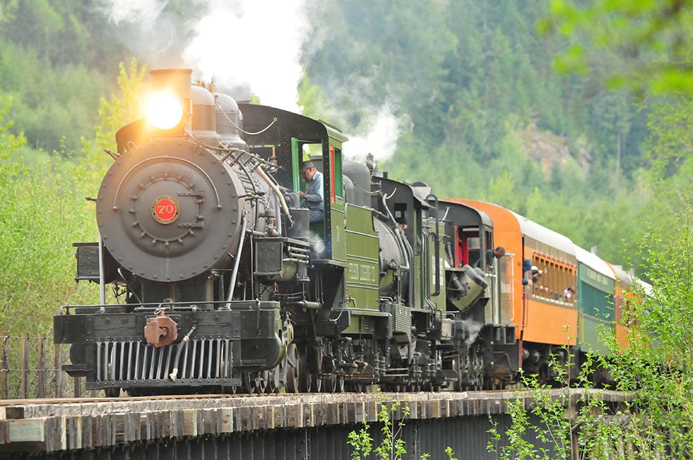 Steam locomotive pulling vintage passenger cars on the Mt. Rainier Scenic Railroad