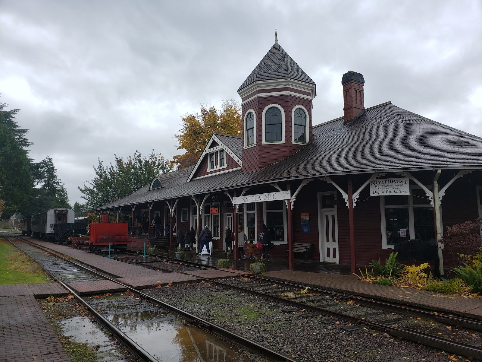 The historic Snoqualmie Depot of the Northwest Railway Museum, with tracks in front